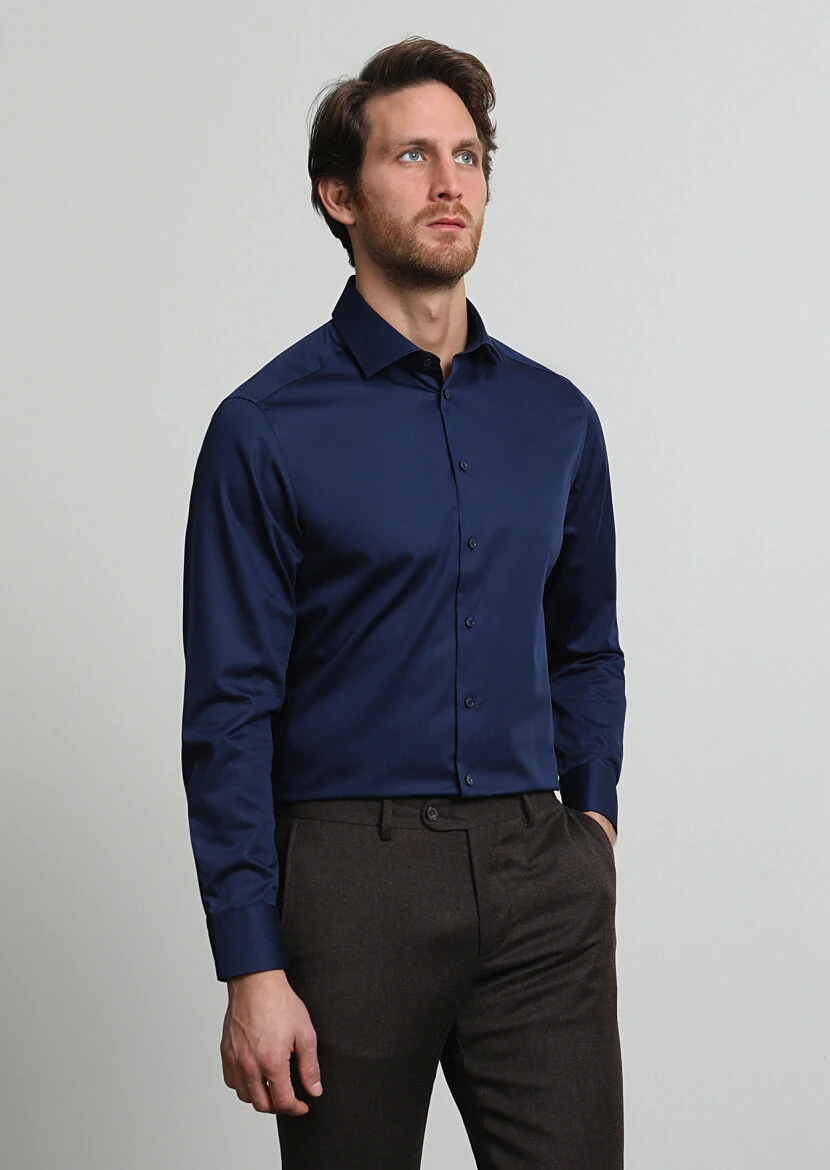 Navy Blue Plain Regular Fit Weaving Classical 100% Cotton Shirt - 3