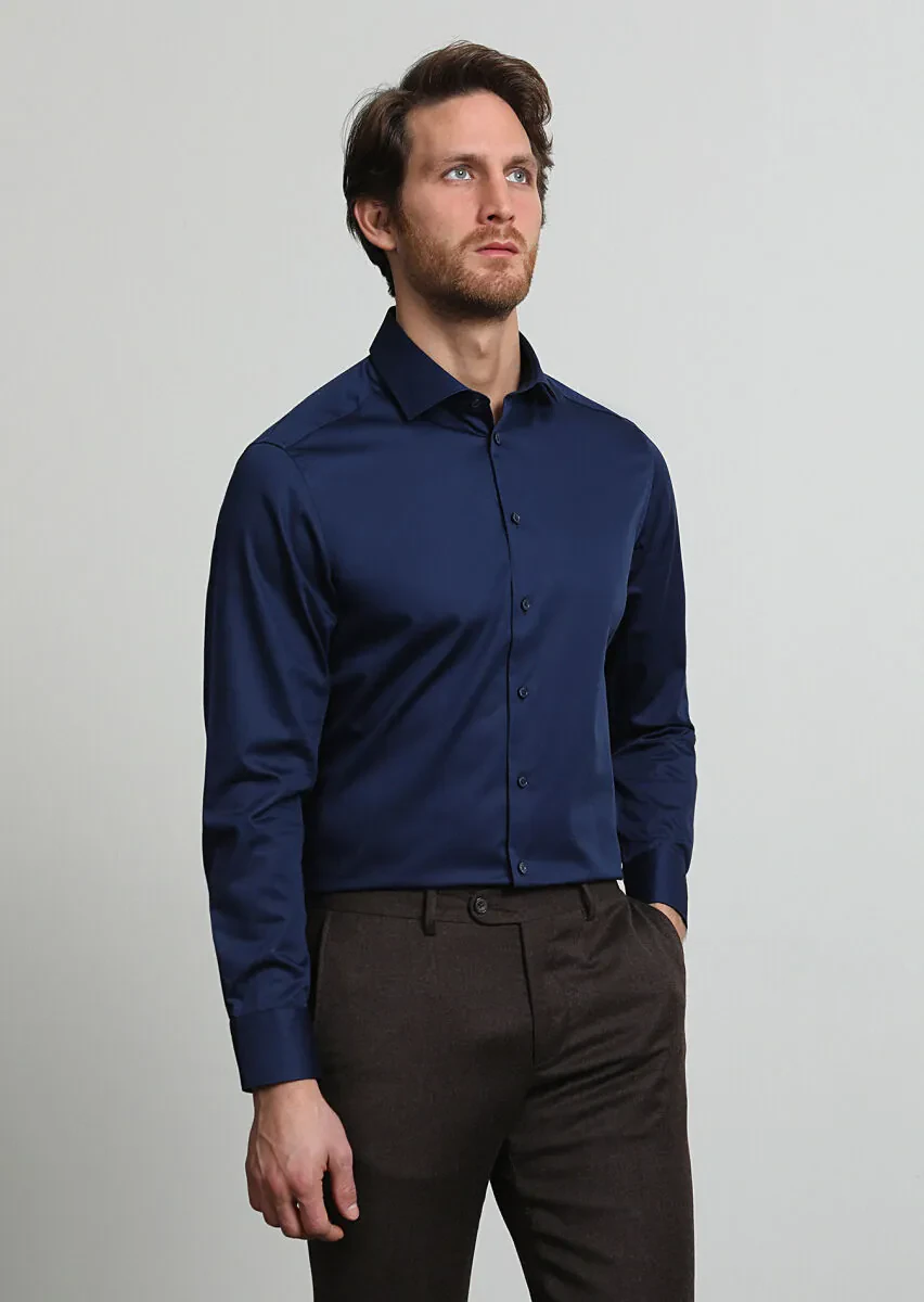Navy Blue Plain Regular Fit Weaving Classical 100% Cotton Shirt - 3