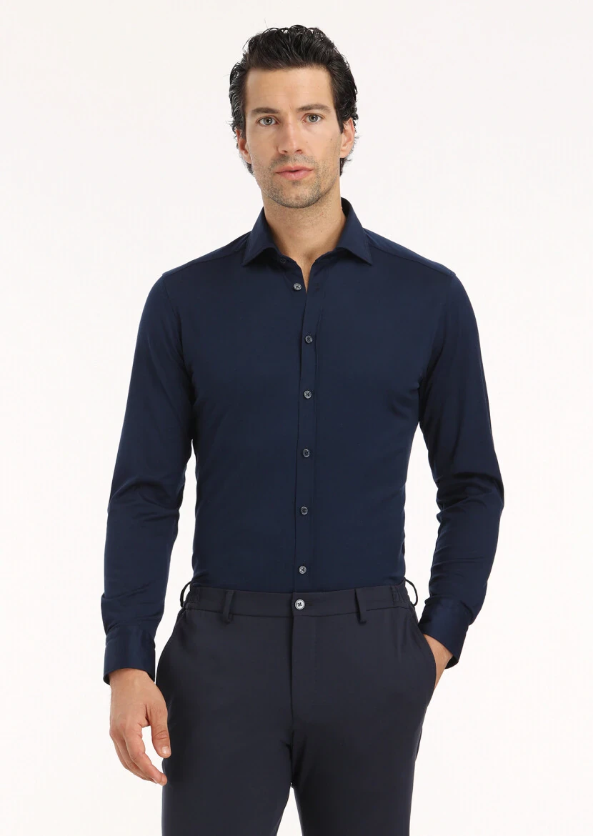 Navy Blue Plain Regular Fit Weaving Classical 100% Cotton Shirt 