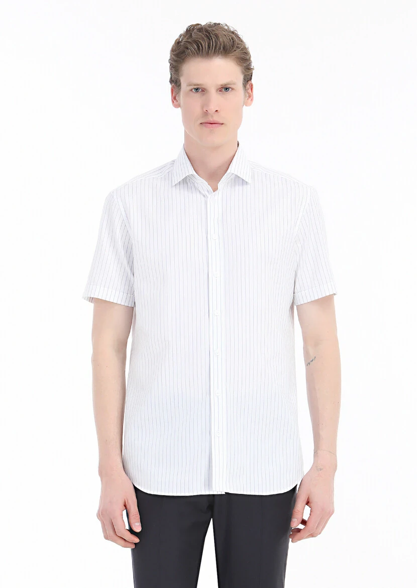 Navy Blue Plain Regular Fit Weaving Classical 100% Cotton Shirt - 2