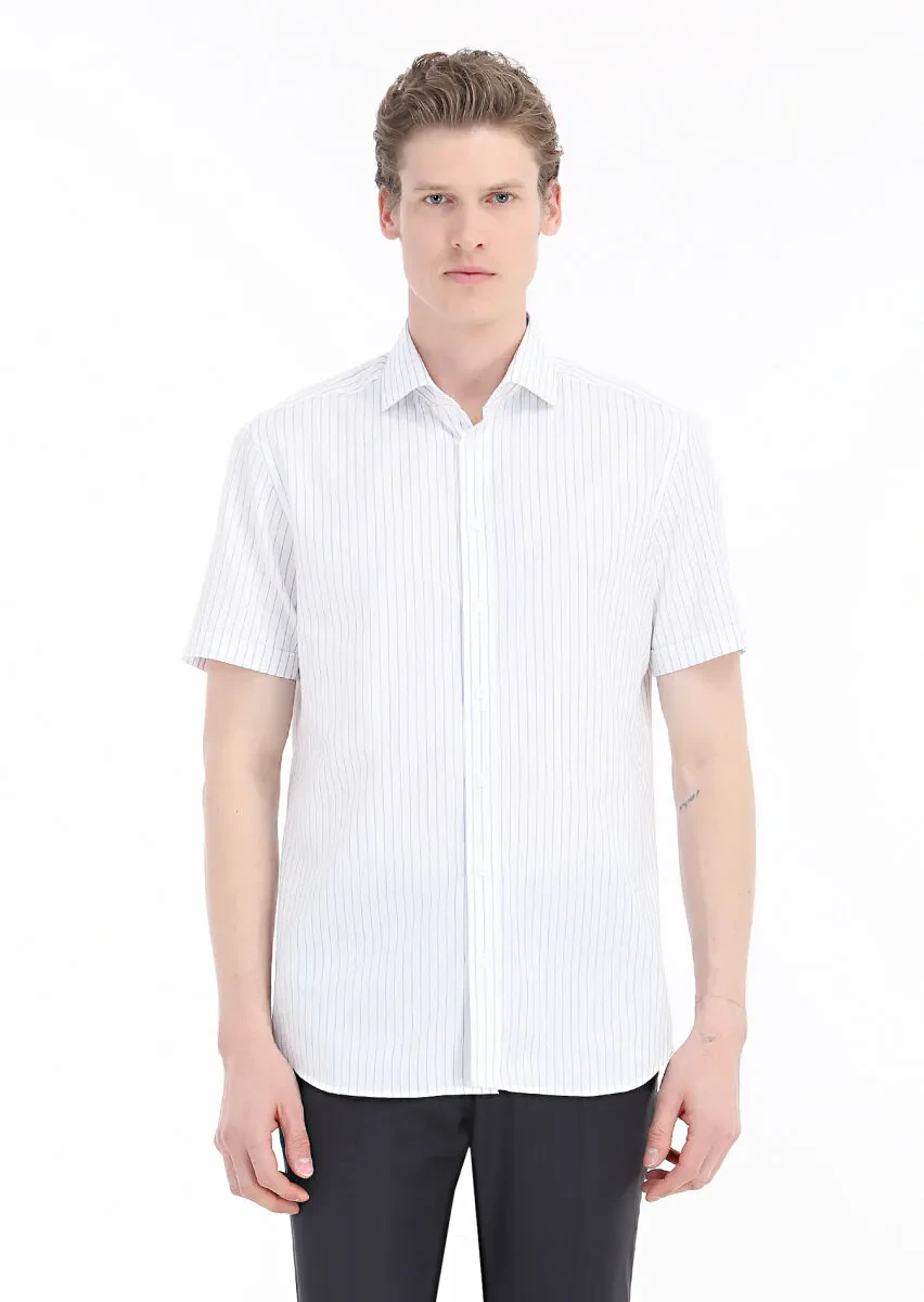 Navy Blue Plain Regular Fit Weaving Classical 100% Cotton Shirt - 2