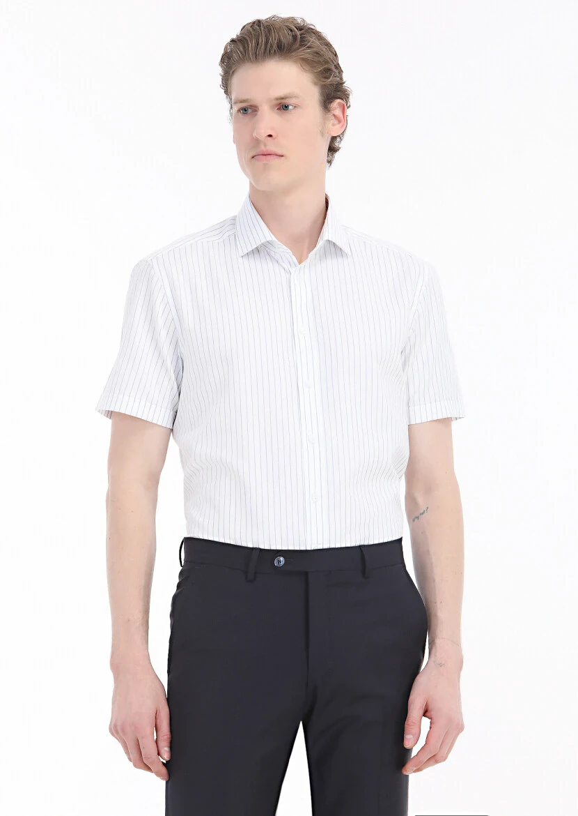 Navy Blue Plain Regular Fit Weaving Classical 100% Cotton Shirt - 3