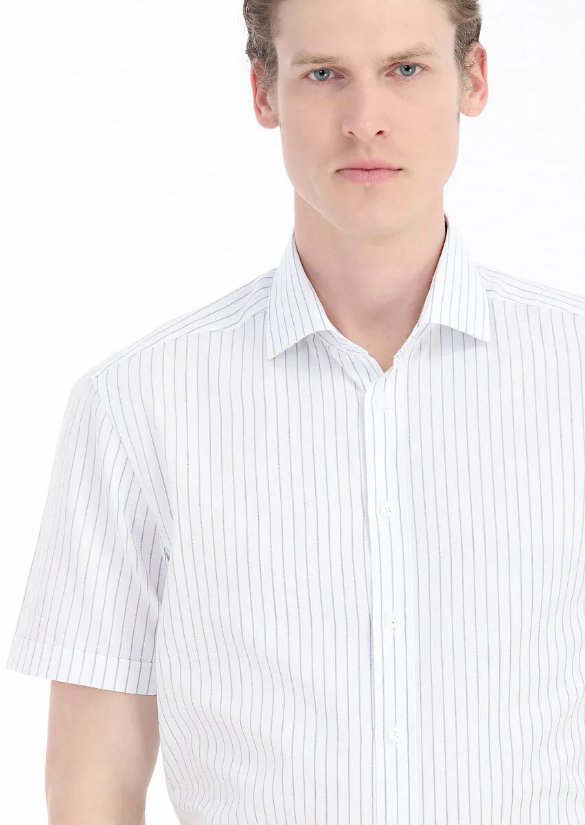 Navy Blue Plain Regular Fit Weaving Classical 100% Cotton Shirt - 4