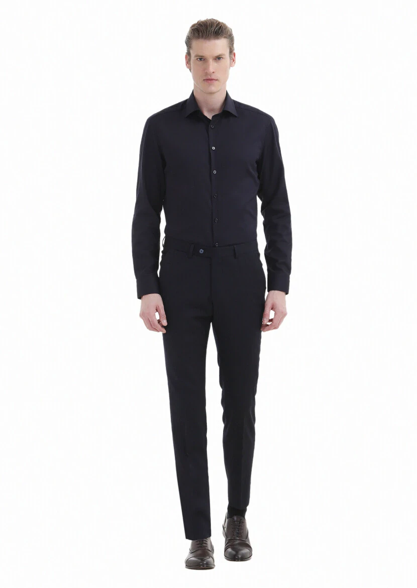 Navy Blue Plain Regular Fit Weaving Classical 100% Cotton Shirt 