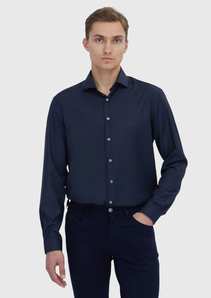 Navy Blue Plain Regular Fit Weaving Classical 100% Wool Shirt - RAMSEY
