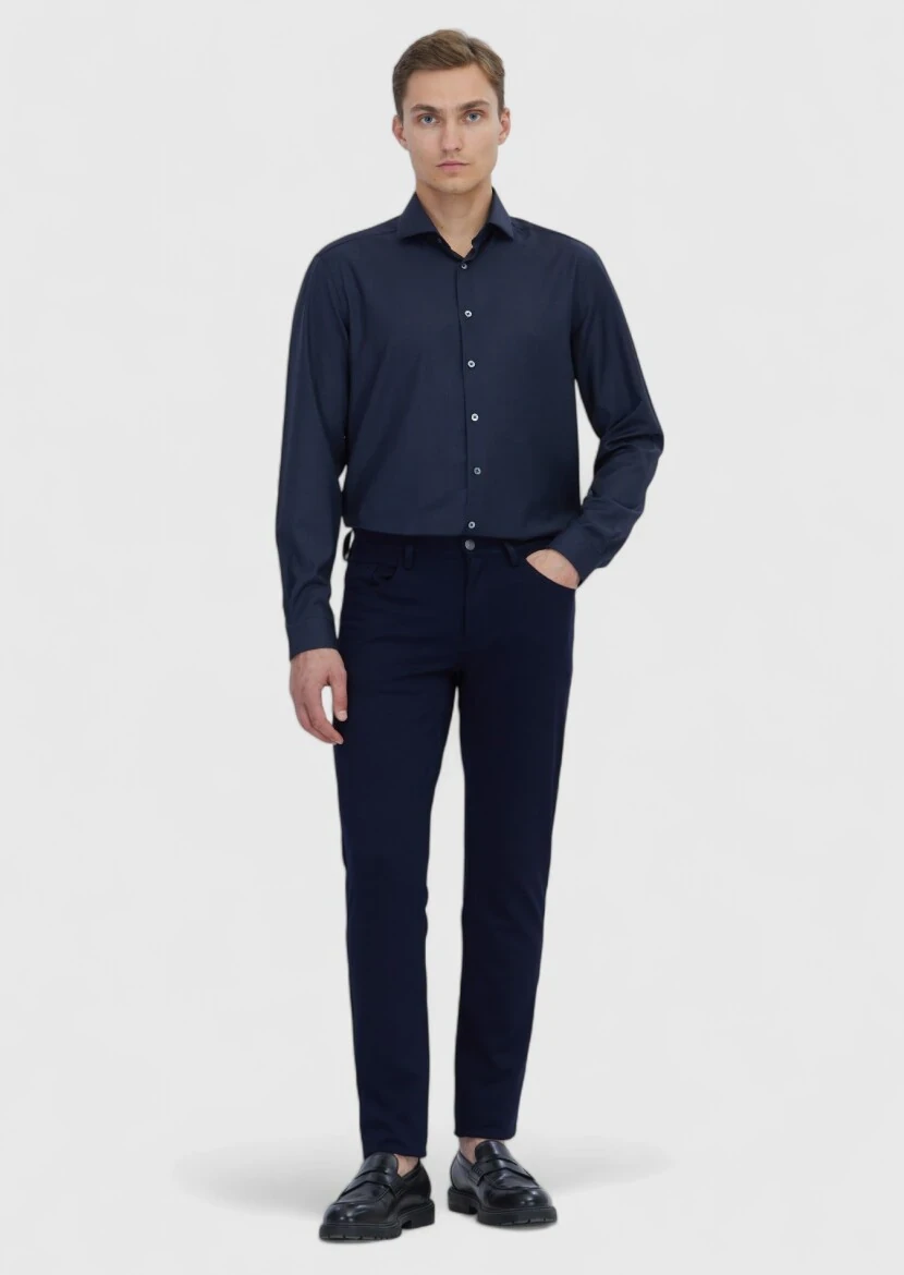 Navy Blue Plain Regular Fit Weaving Classical 100% Wool Shirt 