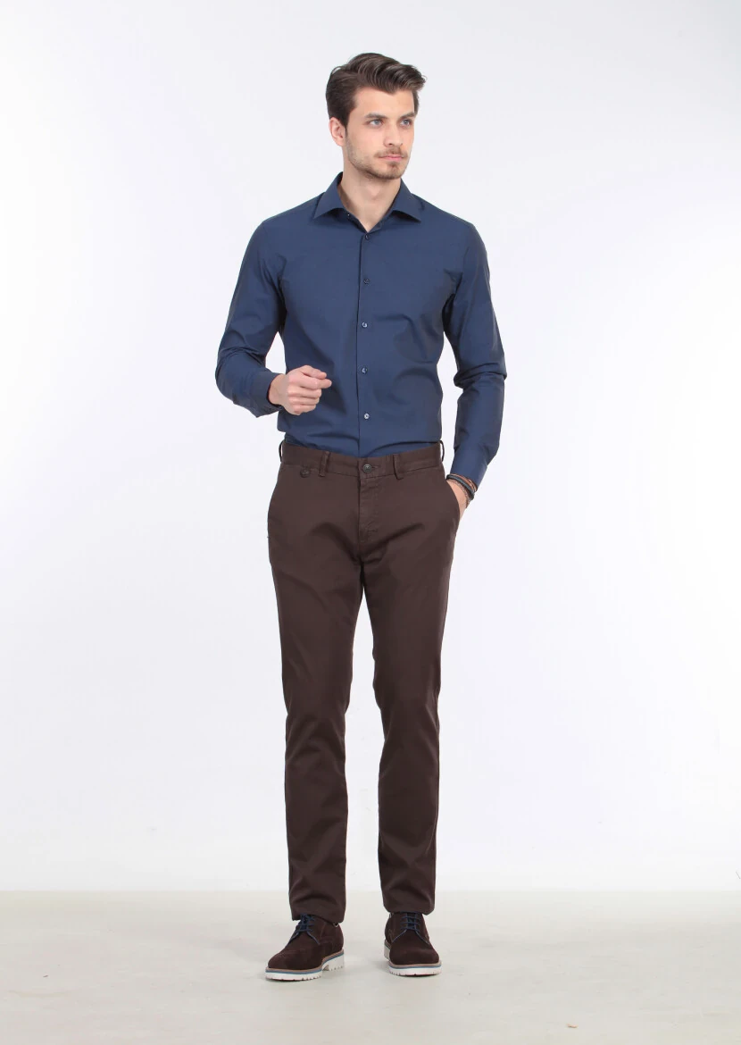 Navy Blue Plain Regular Fit Weaving Classical Cotton Blended Shirt - 1