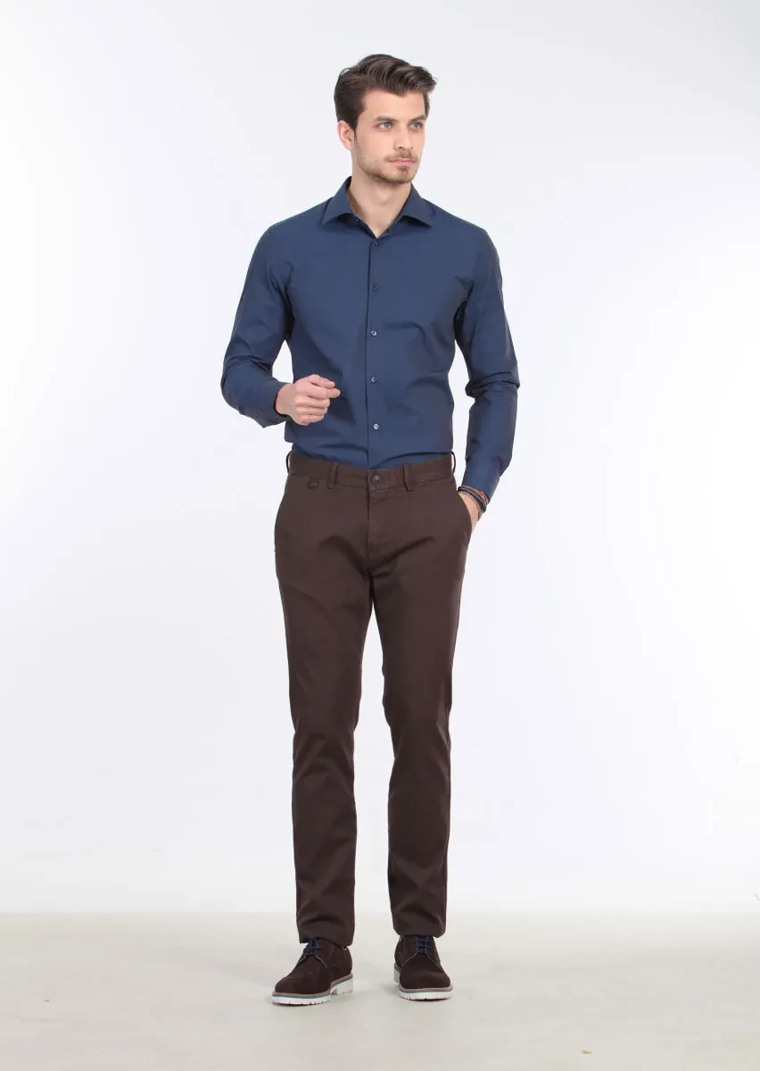 Navy Blue Plain Regular Fit Weaving Classical Cotton Blended Shirt - 1