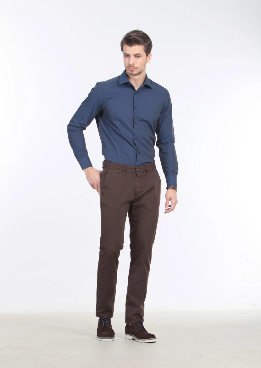 Navy Blue Plain Regular Fit Weaving Classical Cotton Blended Shirt 