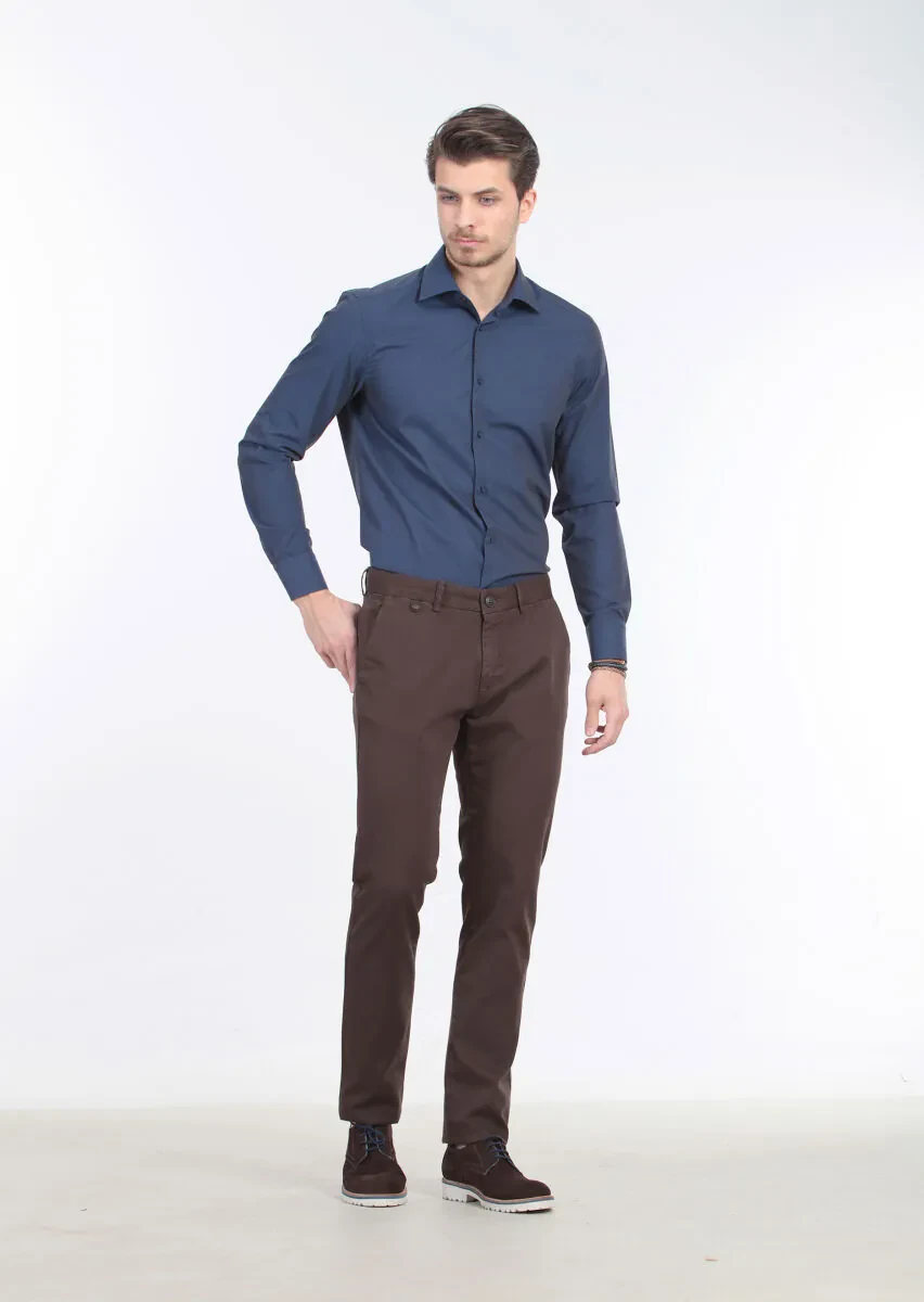 Navy Blue Plain Regular Fit Weaving Classical Cotton Blended Shirt - 2