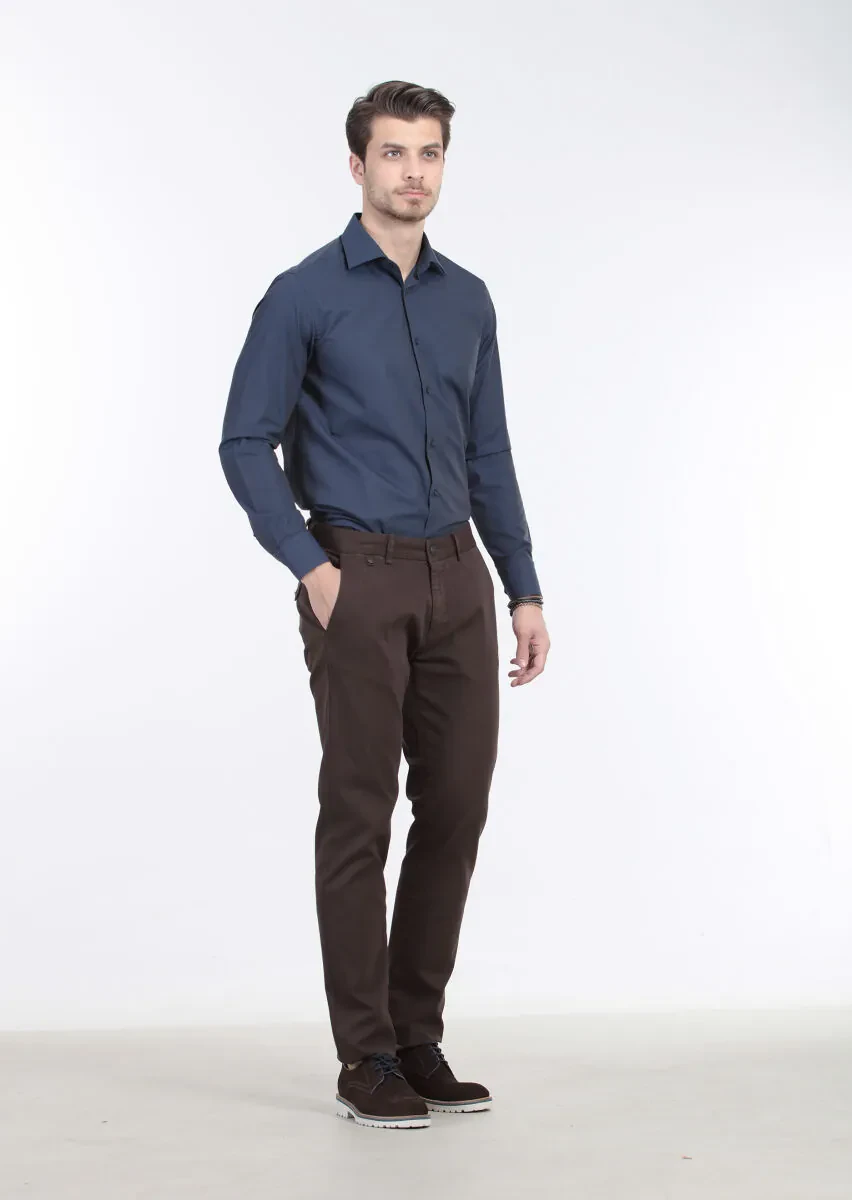 Navy Blue Plain Regular Fit Weaving Classical Cotton Blended Shirt - 3