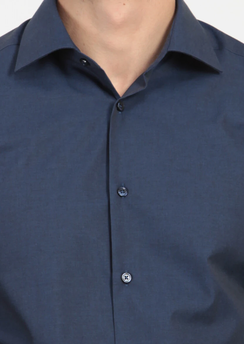 Navy Blue Plain Regular Fit Weaving Classical Cotton Blended Shirt - 5