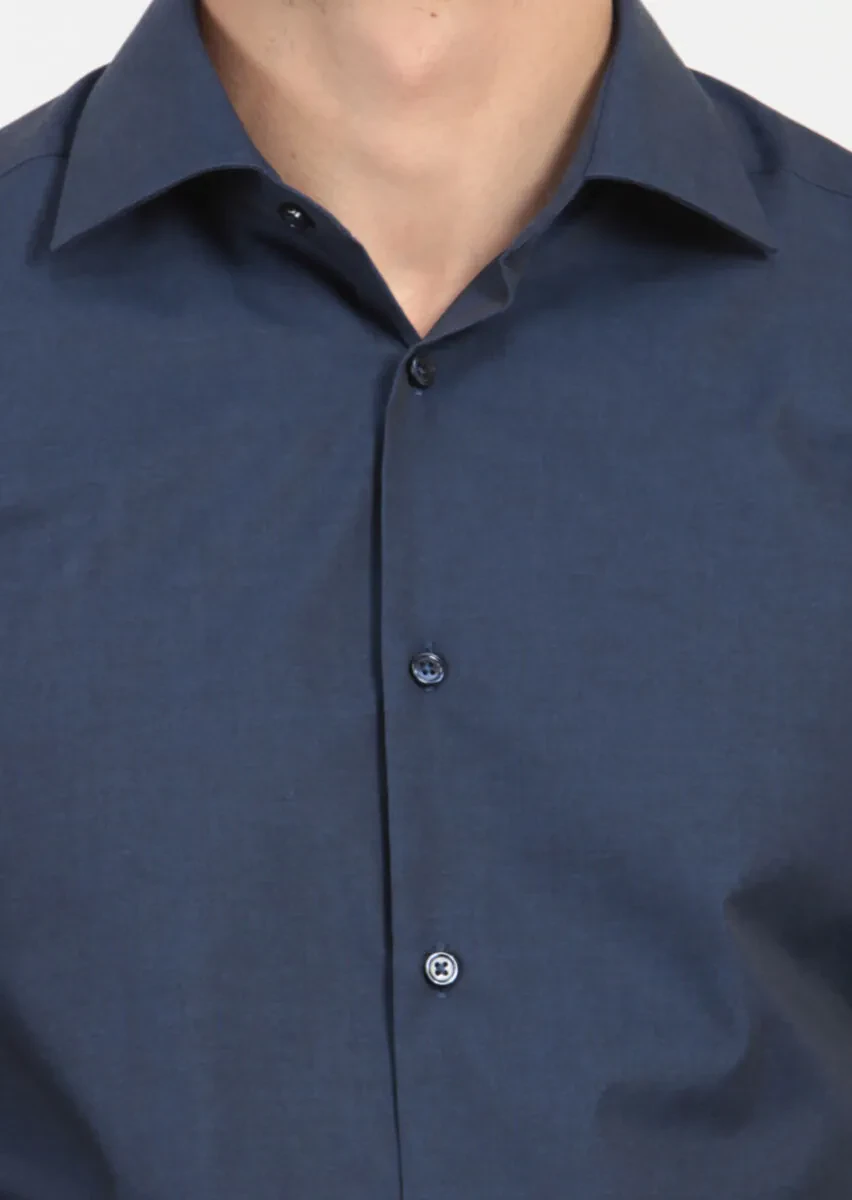 Navy Blue Plain Regular Fit Weaving Classical Cotton Blended Shirt - 5