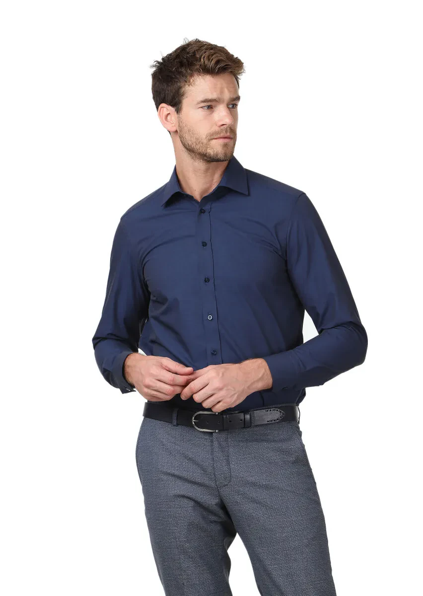 Navy Blue Plain Regular Fit Weaving Classical Cotton Blended Shirt - 1