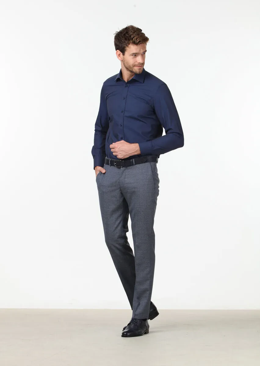 Navy Blue Plain Regular Fit Weaving Classical Cotton Blended Shirt - 2
