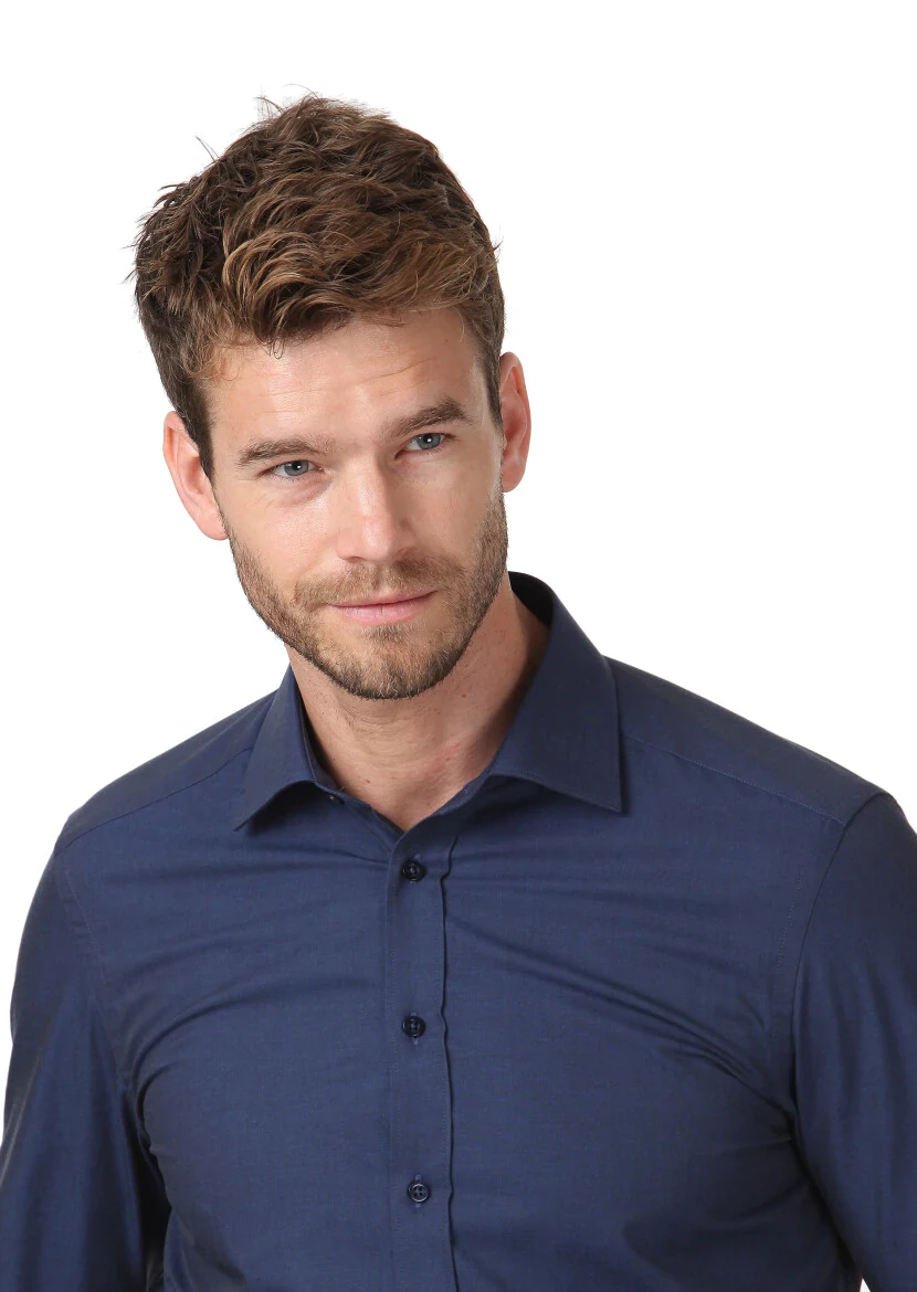 Navy Blue Plain Regular Fit Weaving Classical Cotton Blended Shirt - 3