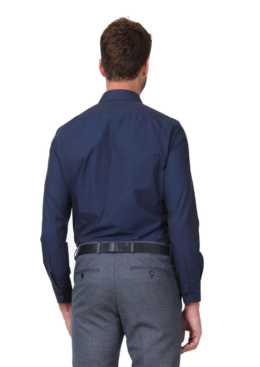 Navy Blue Plain Regular Fit Weaving Classical Cotton Blended Shirt - 4