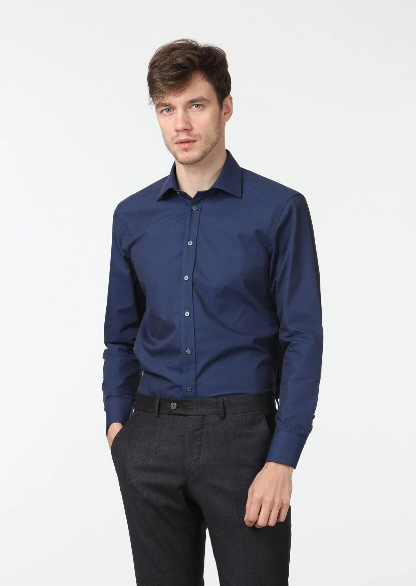 Navy Blue Plain Regular Fit Weaving Classical Cotton Blended Shirt - RAMSEY