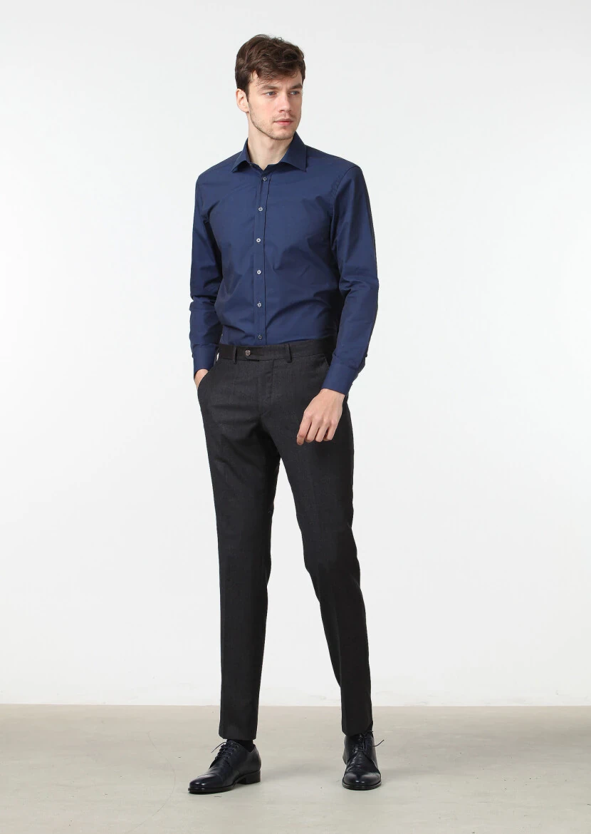 Navy Blue Plain Regular Fit Weaving Classical Cotton Blended Shirt - RAMSEY