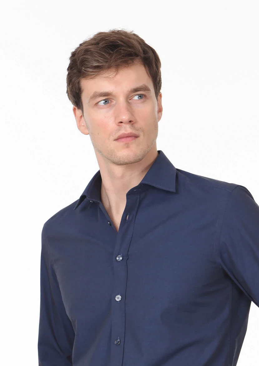 Navy Blue Plain Regular Fit Weaving Classical Cotton Blended Shirt 