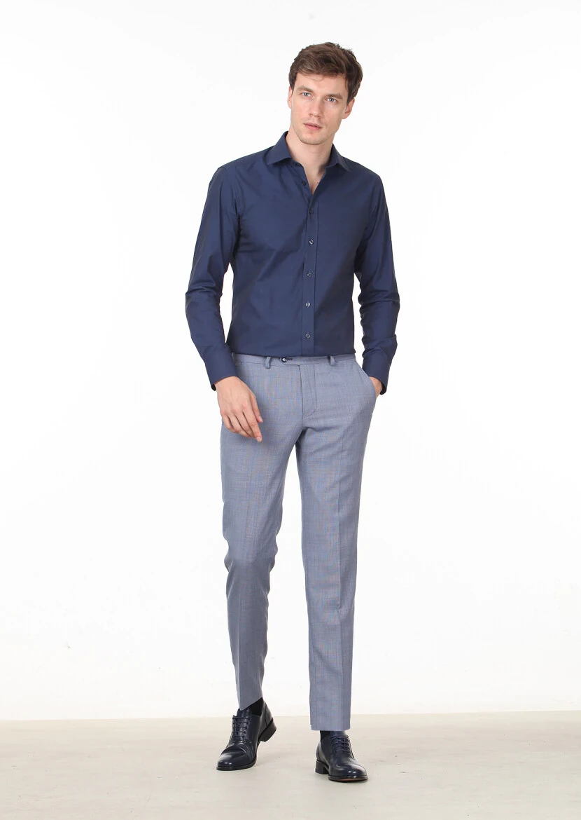 Navy Blue Plain Regular Fit Weaving Classical Cotton Blended Shirt - 3