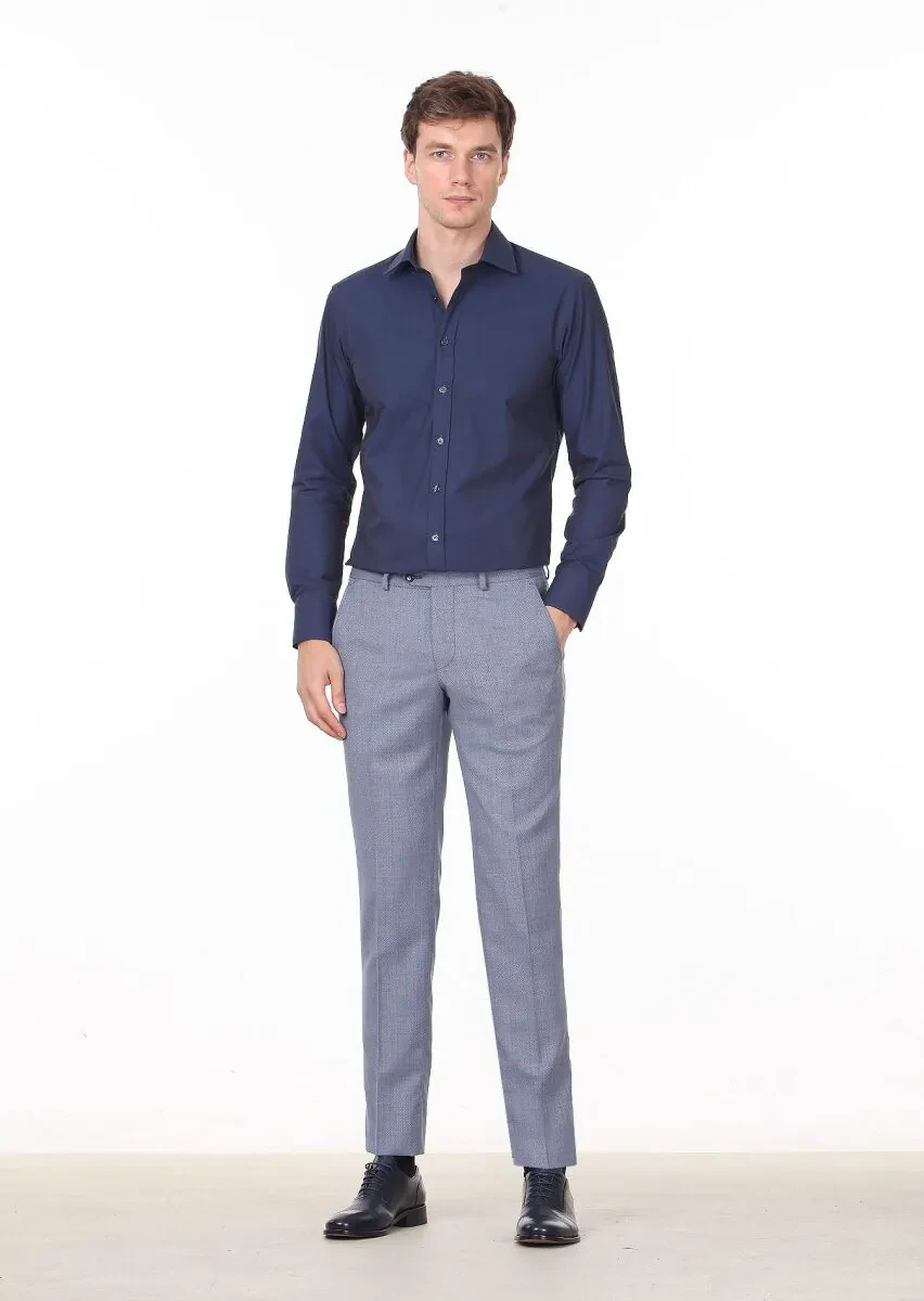 Navy Blue Plain Regular Fit Weaving Classical Cotton Blended Shirt - 3