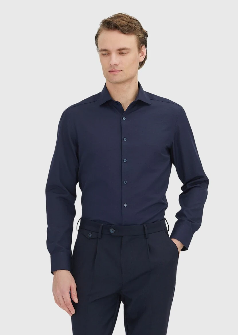 Navy Blue Plain Regular Fit Weaving Classical Cotton Blended Shirt - 1