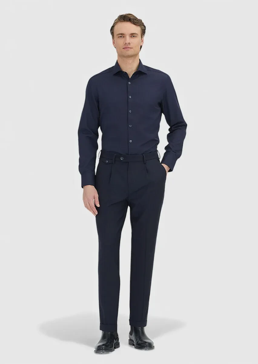 Navy Blue Plain Regular Fit Weaving Classical Cotton Blended Shirt - 2