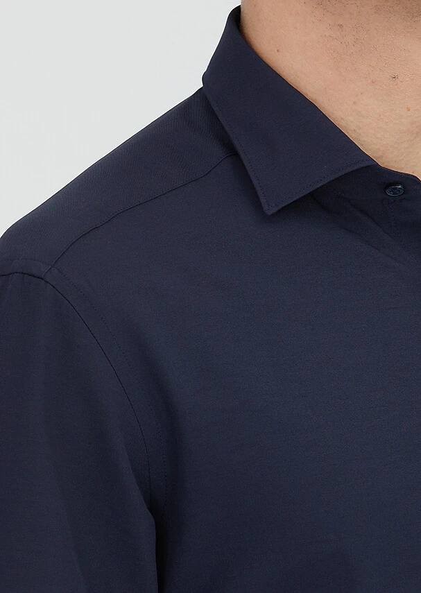 Navy Blue Plain Regular Fit Weaving Classical Cotton Blended Shirt - 3