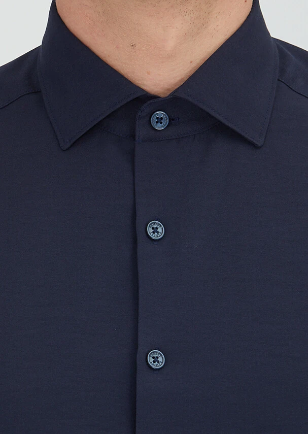 Navy Blue Plain Regular Fit Weaving Classical Cotton Blended Shirt - 4