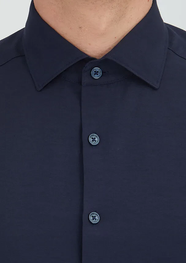 Navy Blue Plain Regular Fit Weaving Classical Cotton Blended Shirt - 4