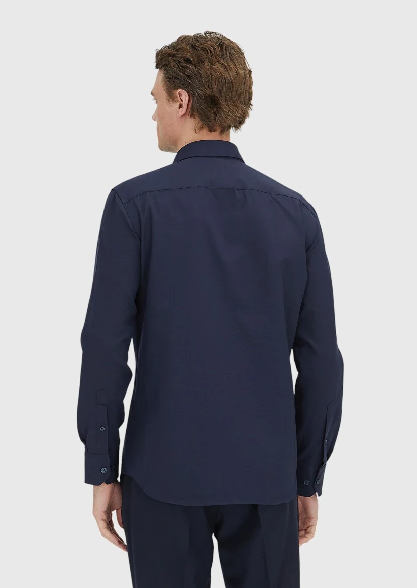 Navy Blue Plain Regular Fit Weaving Classical Cotton Blended Shirt - 5