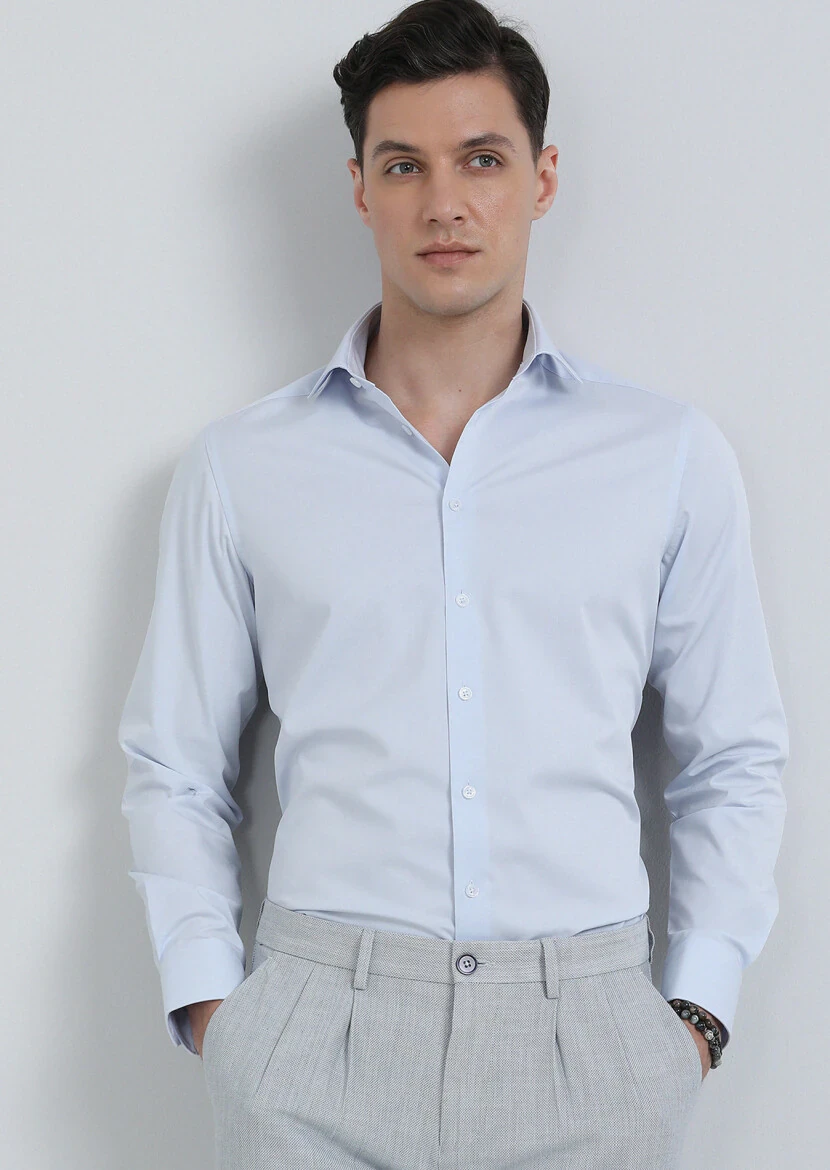 Navy Blue Plain Regular Fit Weaving Classical Shirt - 1