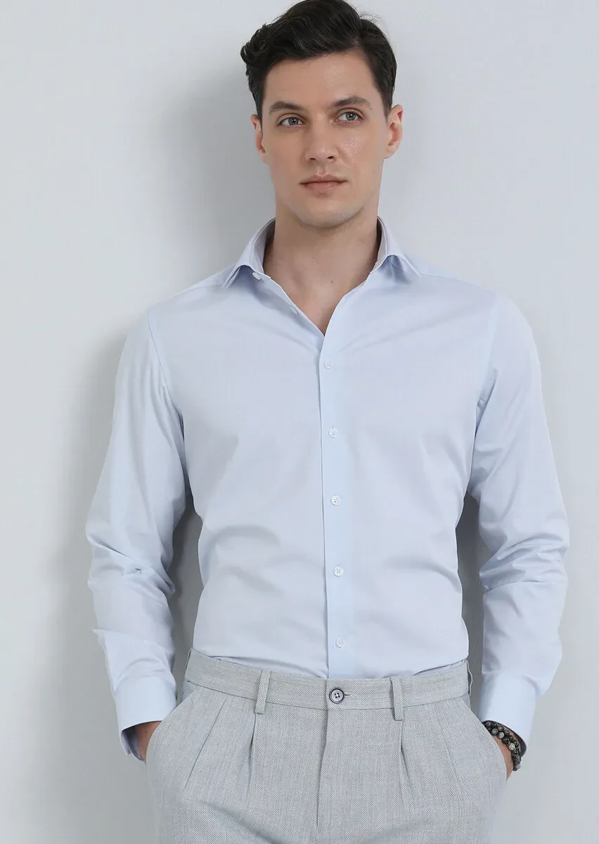 Navy Blue Plain Regular Fit Weaving Classical Shirt - 1