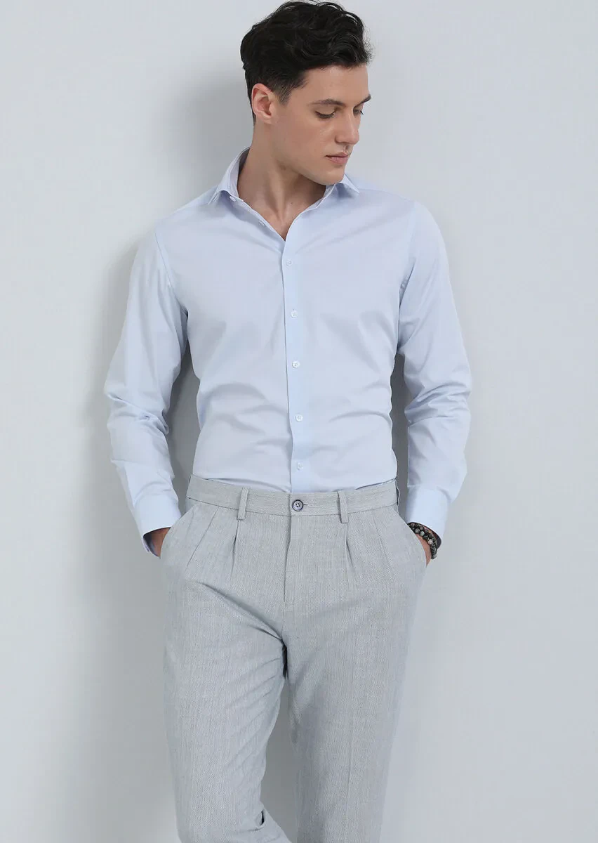 Navy Blue Plain Regular Fit Weaving Classical Shirt - 3