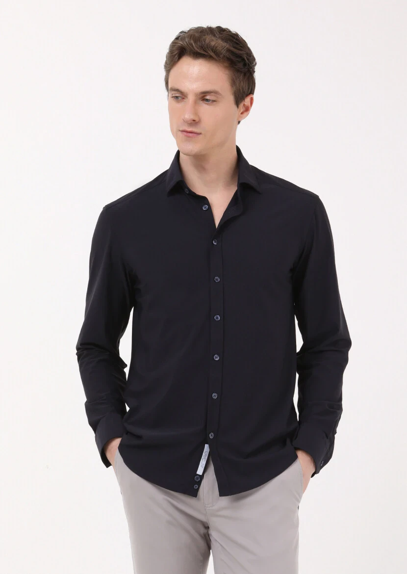 Navy Blue Plain Regular Fit Weaving Classical Shirt 