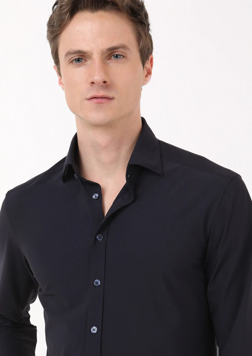 Navy Blue Plain Regular Fit Weaving Classical Shirt - 3