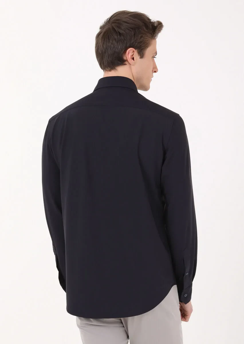 Navy Blue Plain Regular Fit Weaving Classical Shirt - 6