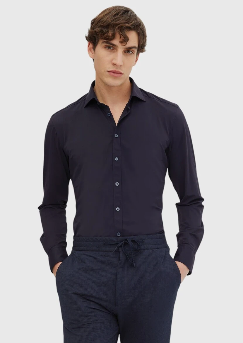 Navy Blue Plain Regular Fit Weaving Classical Shirt - 1