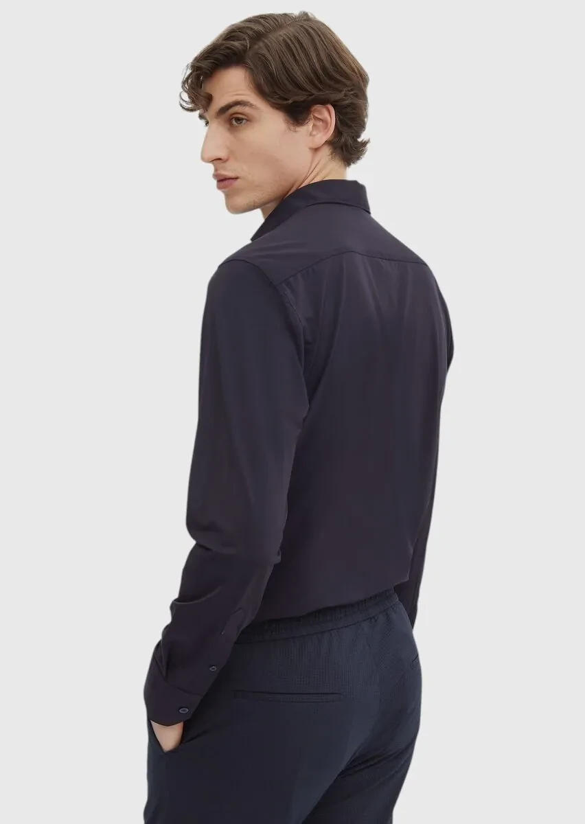 Navy Blue Plain Regular Fit Weaving Classical Shirt - 4