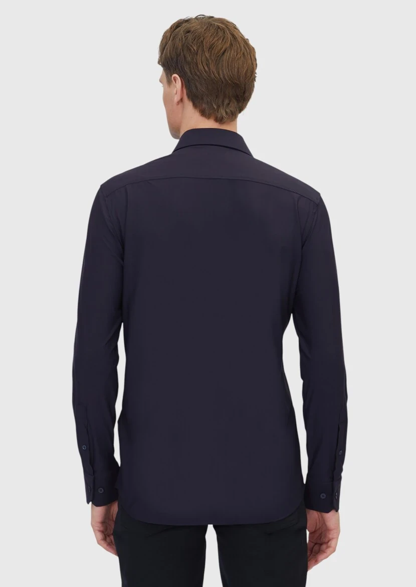 Navy Blue Plain Regular Fit Weaving Classical Shirt - 7