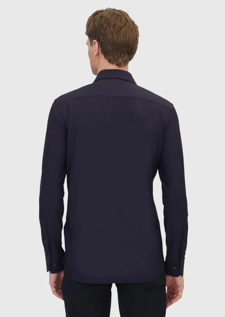 Navy Blue Plain Regular Fit Weaving Classical Shirt - 7