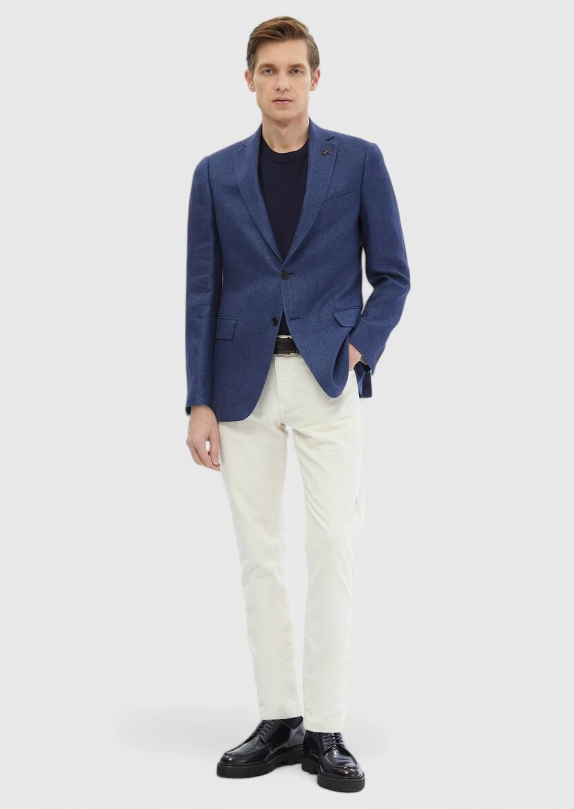 Navy Blue Plain Regular Fit Wool Blended Jacket - RAMSEY