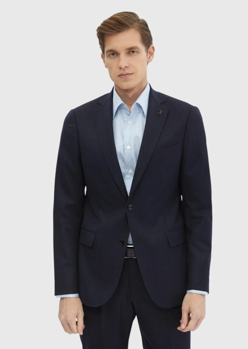 Navy Blue Plain Regular Fit Wool Blended Suit - RAMSEY