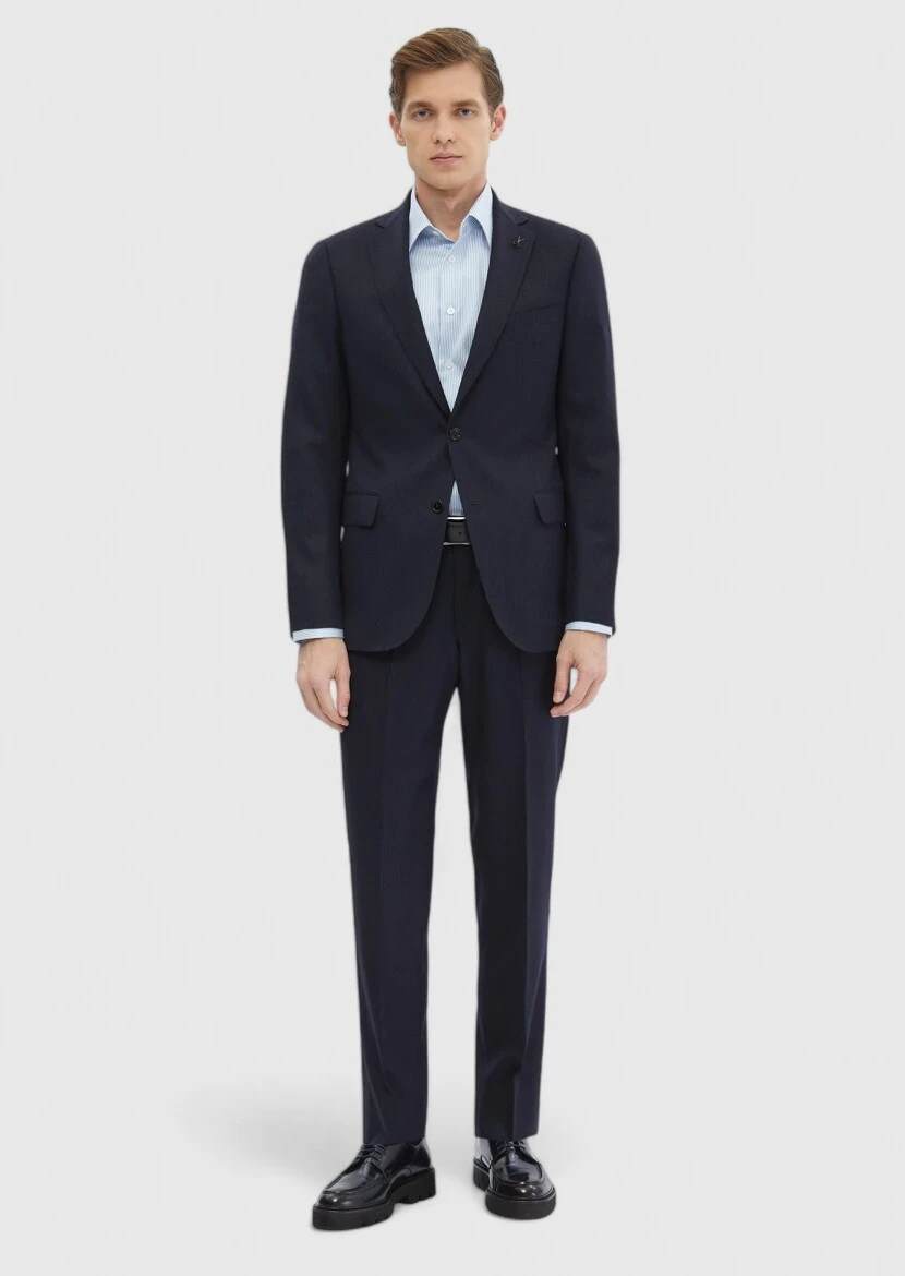 Navy Blue Plain Regular Fit Wool Blended Suit - RAMSEY