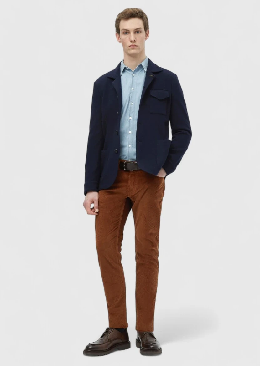 Navy Blue Plain Shirt Shoulder Slim Fit 100% Wool Jacket - RAMSEY