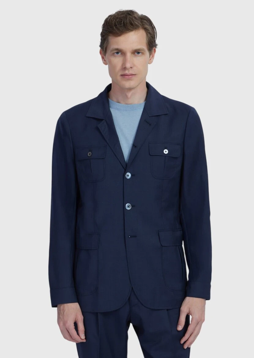 Navy Blue Plain Shirt Shoulder Slim Fit 100% Wool Jacket - RAMSEY