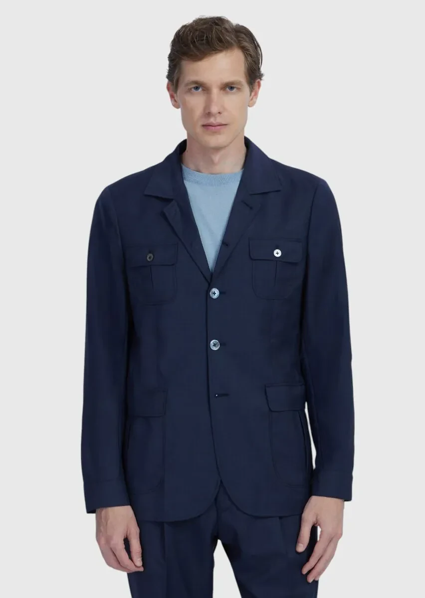 Navy Blue Plain Shirt Shoulder Slim Fit 100% Wool Jacket - 1