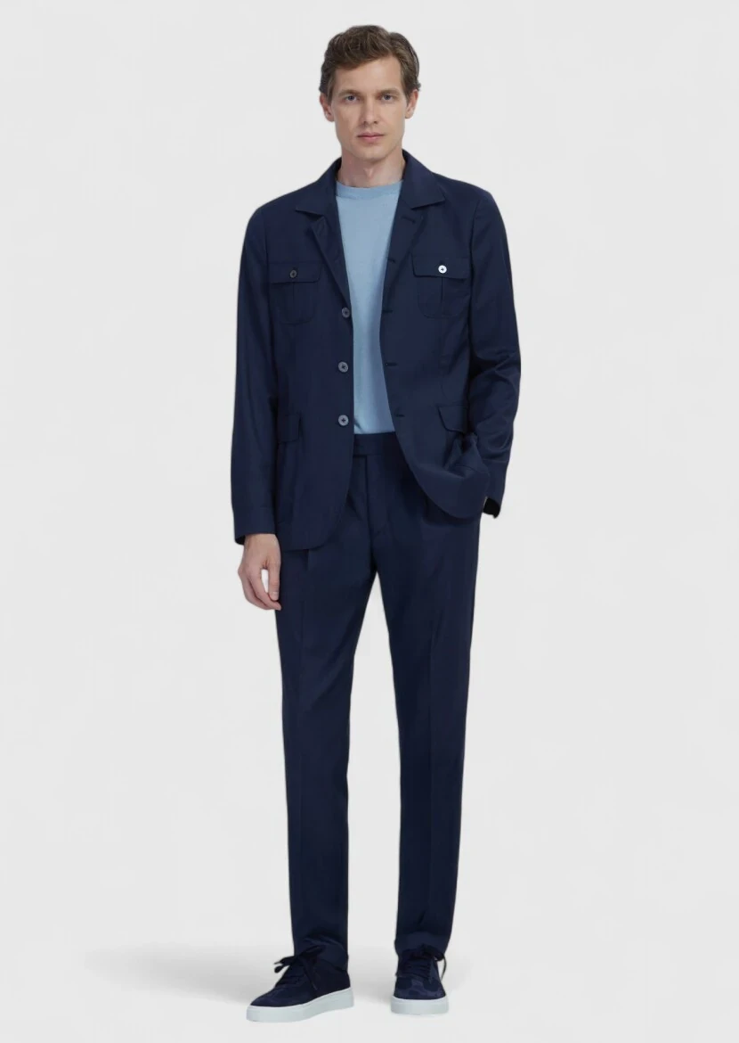 Navy Blue Plain Shirt Shoulder Slim Fit 100% Wool Jacket - RAMSEY