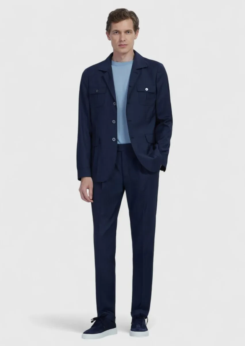 Navy Blue Plain Shirt Shoulder Slim Fit 100% Wool Jacket - 2